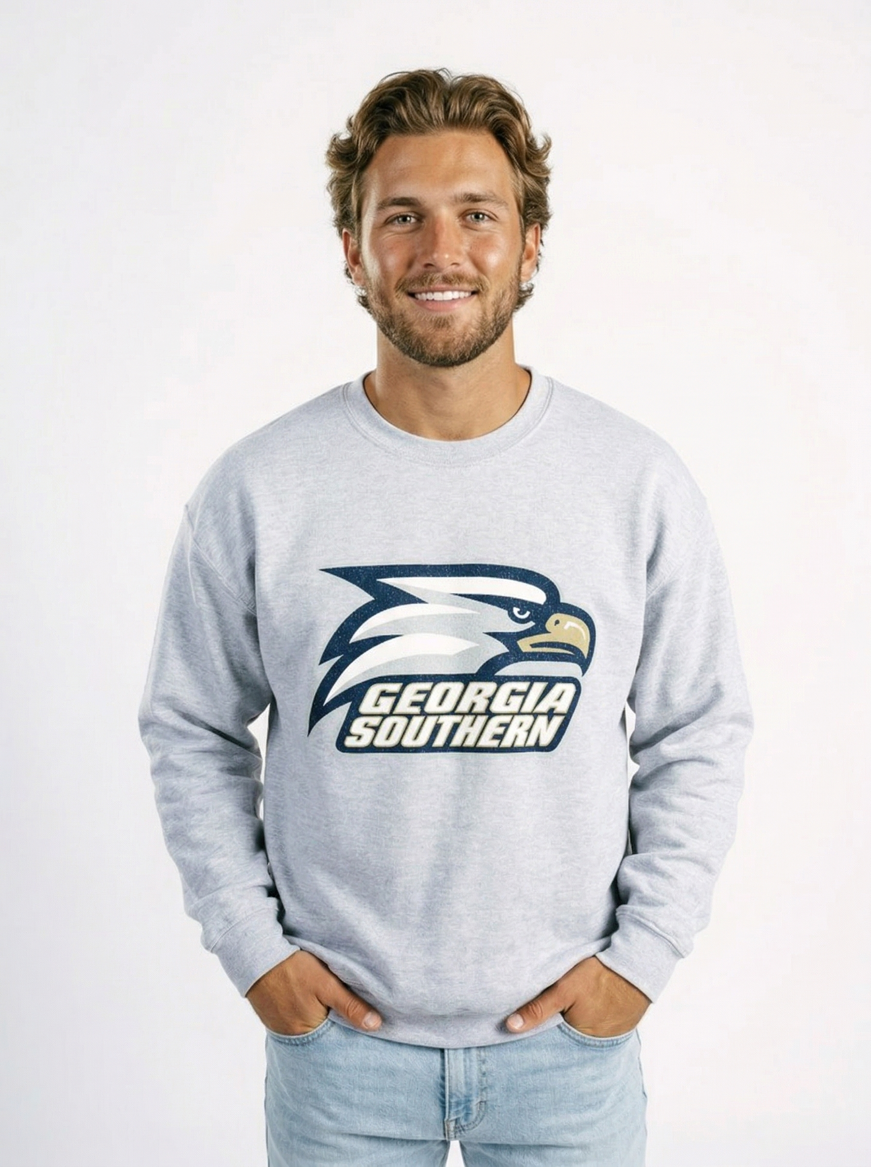 Georgia Southern Men's grey crewneck sweatshirt featuring an eagle head graphic, by Arena Graffiti.