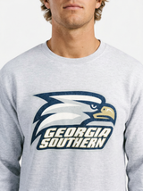 Georgia Southern men's grey crewneck sweatshirt with an eagle head graphic by Arena Graffiti, front view showing the design.