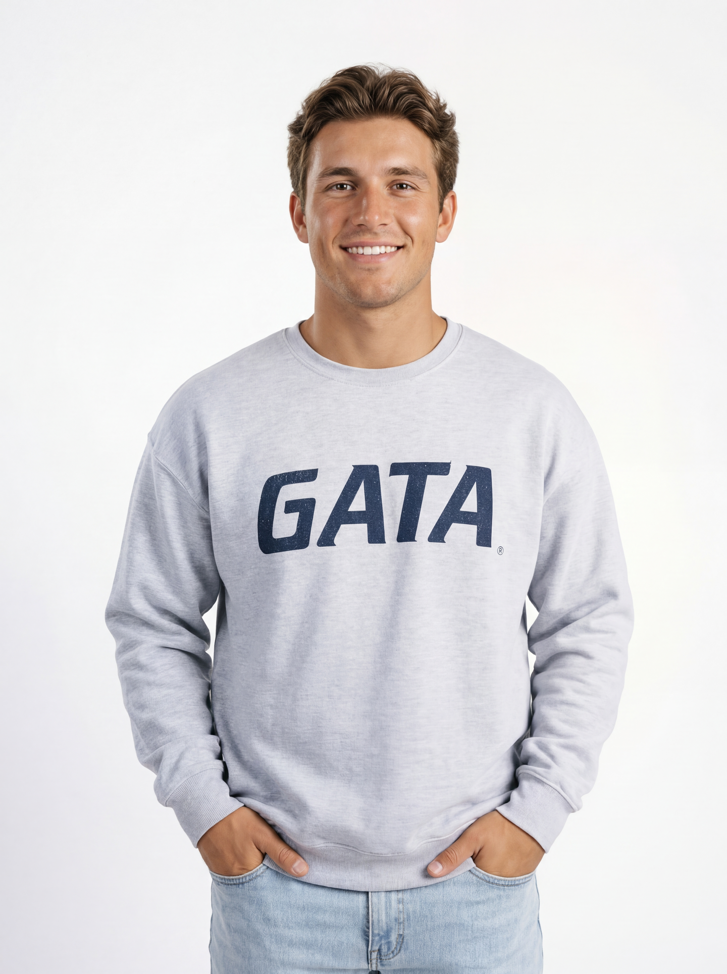 Georgia Southern men's grey crewneck sweatshirt by Arena Graffiti with "GATA" logo and team branding on front.