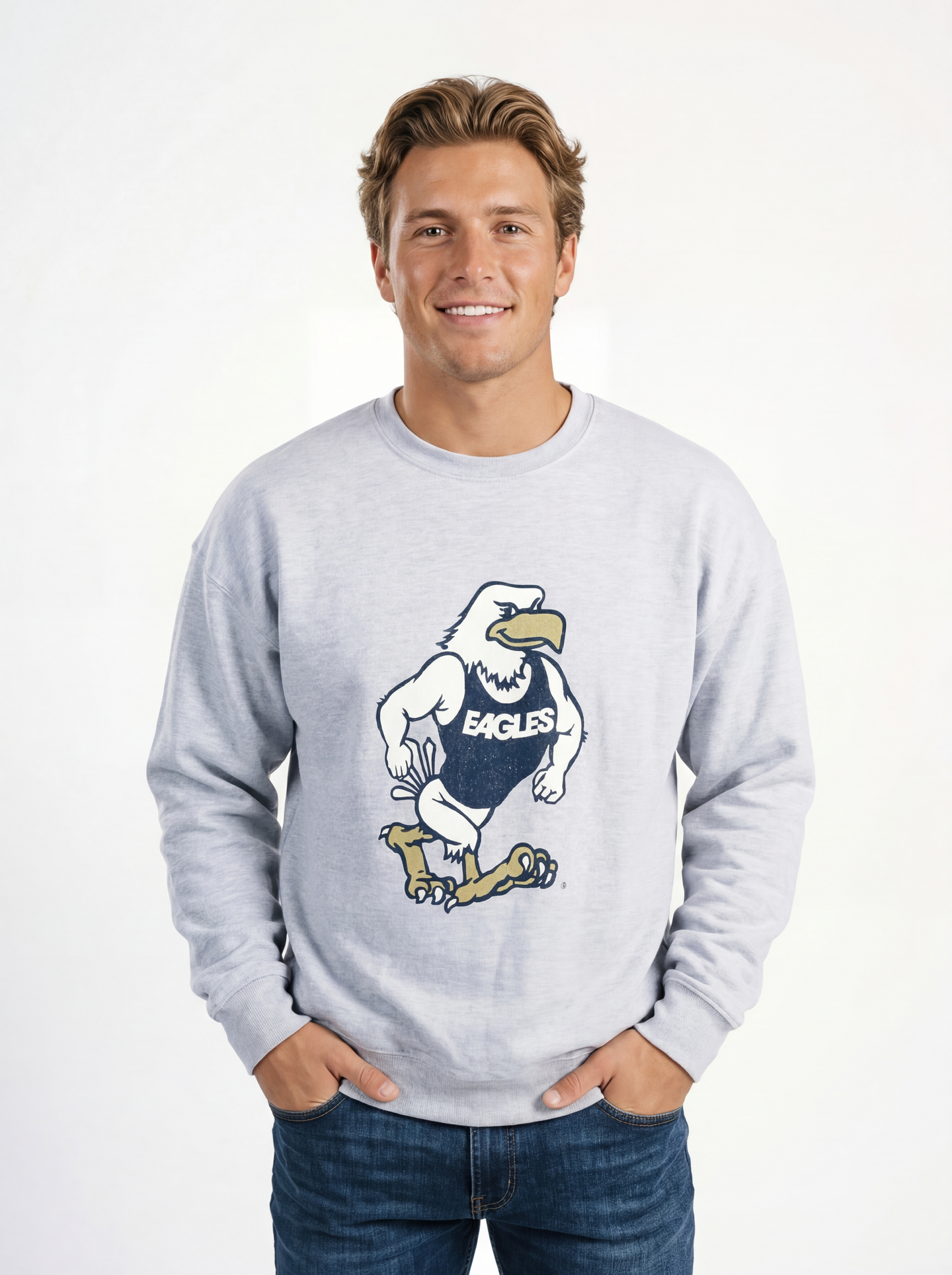 Georgia Southern Men's "Strutter" grey crewneck sweatshirt by Arena Graffiti, featuring a casual fit and team logo on the front.