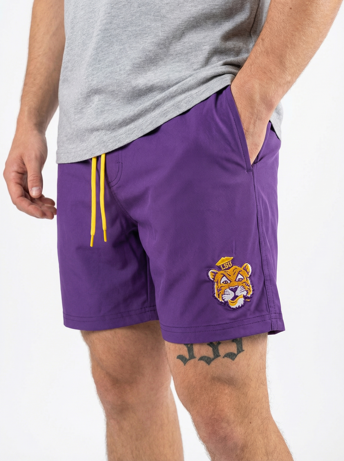 LSU Tigers men's Retro Mike Head lined shorts by Arena Graffiti, featuring team logo and vibrant sportswear design.