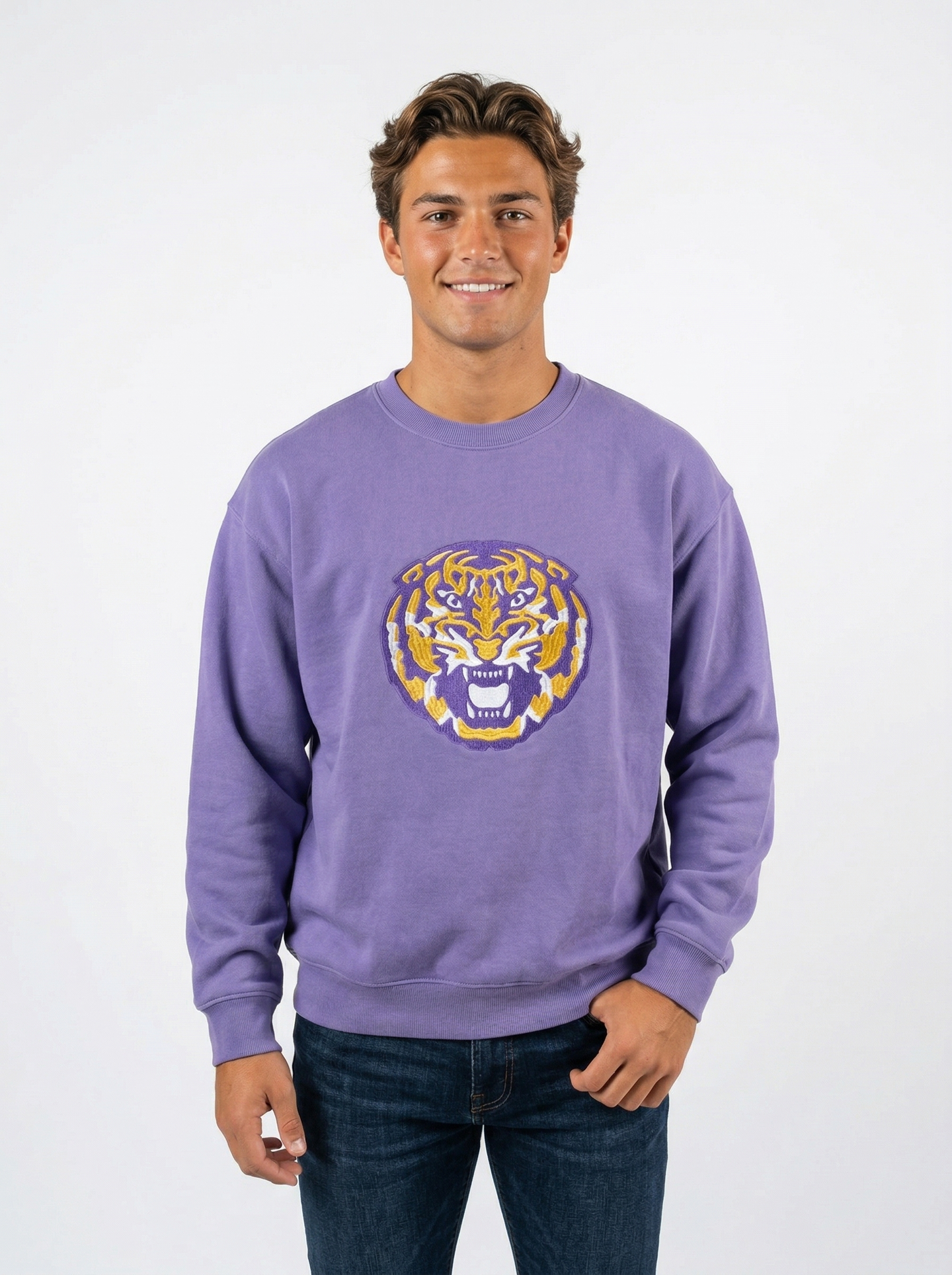 LSU Tigers men's "Mike" heavyweight crewneck sweatshirt by Arena Graffiti, featuring team logo and design.
