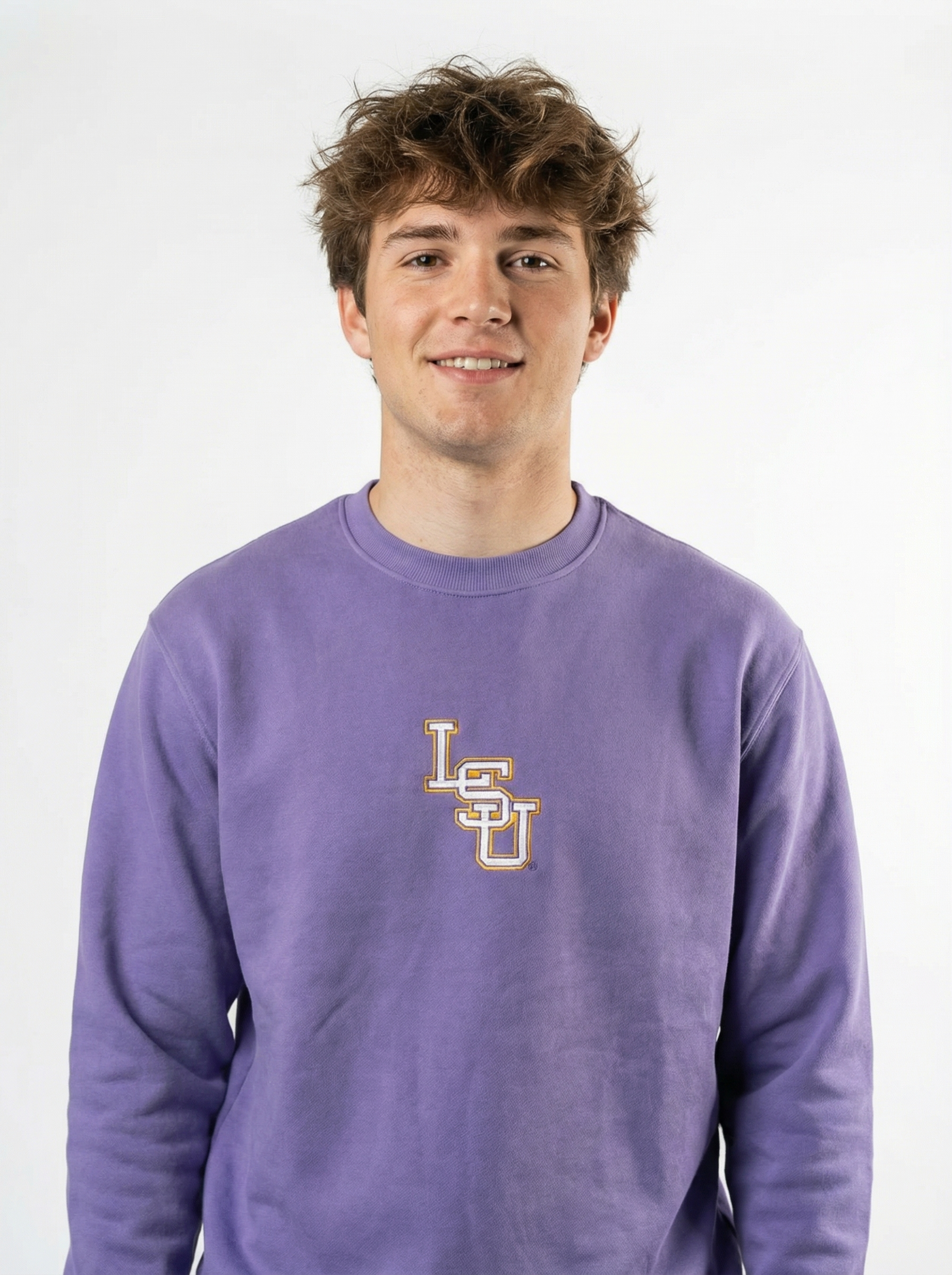LSU Tigers men's heavyweight crewneck sweatshirt by Arena Graffiti with LSU logo and team colors, front view.