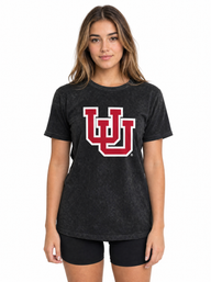 Utah Utes Women's | Black "Interlocking UU" Acid Wash Tee