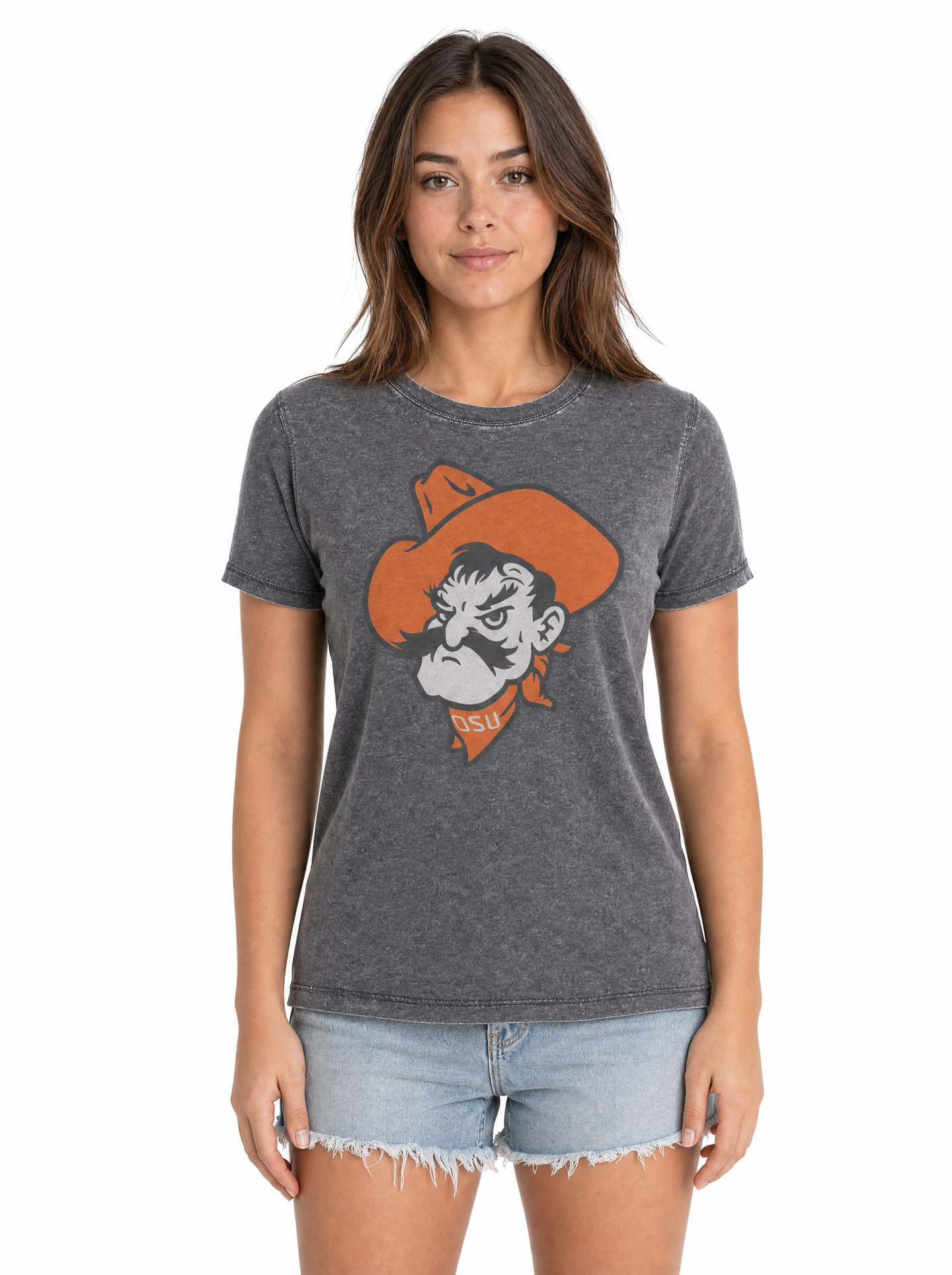 Oklahoma State Cowboys Women's | Charcoal "Pistol Pete" Acid Wash Tee