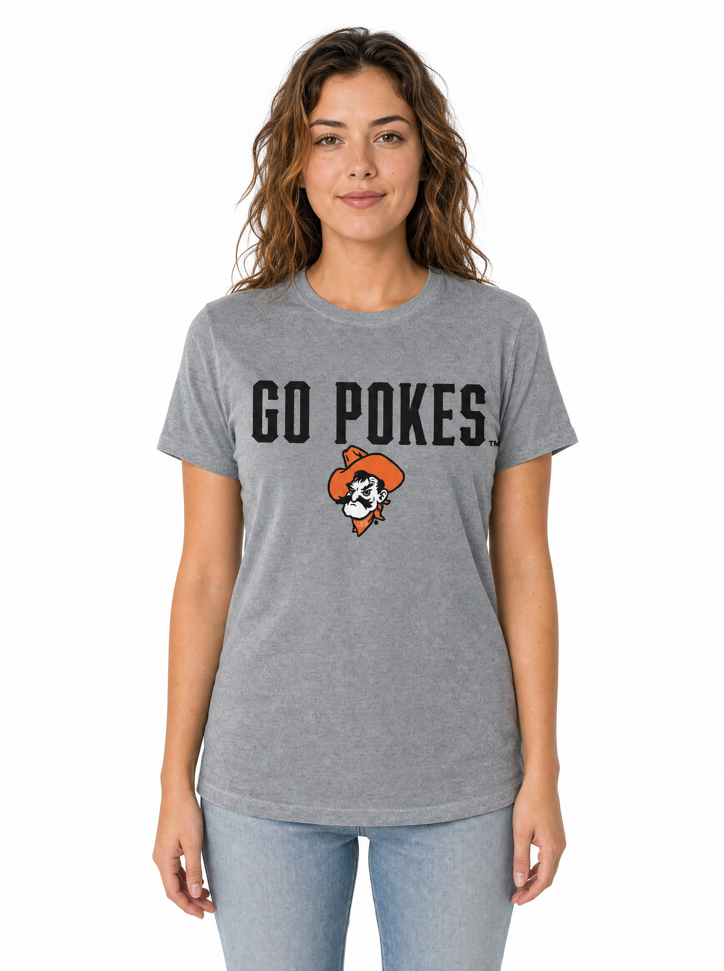 Oklahoma State Cowboys Women's | Grey "Go Pokes" Acid Wash Tee