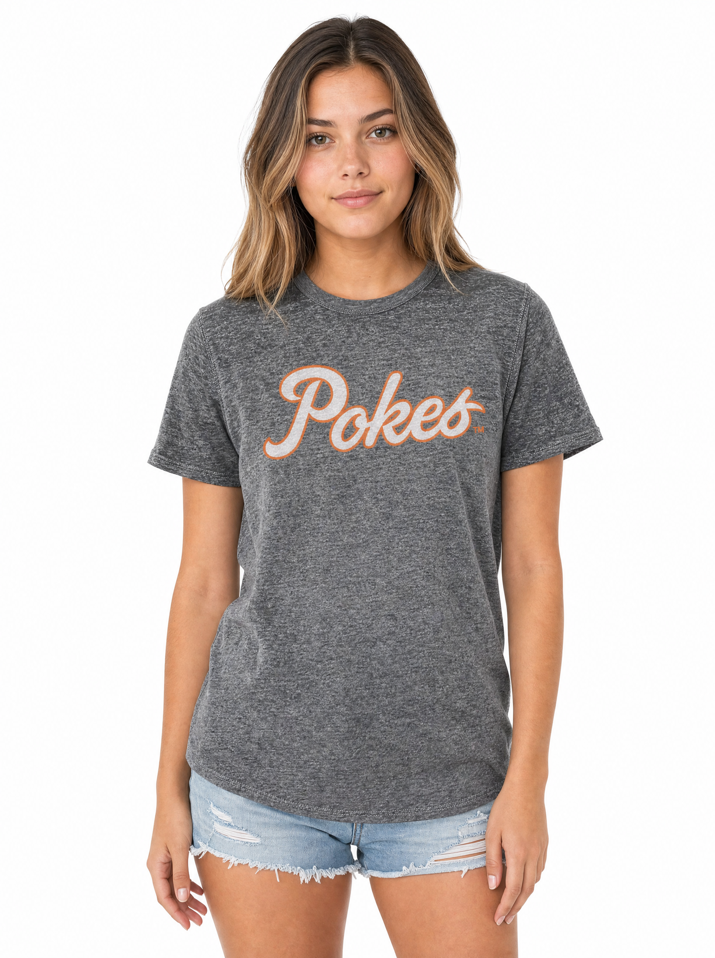 Oklahoma State Cowboys Women's | Grey "Pokes Script" Acid Wash Tee
