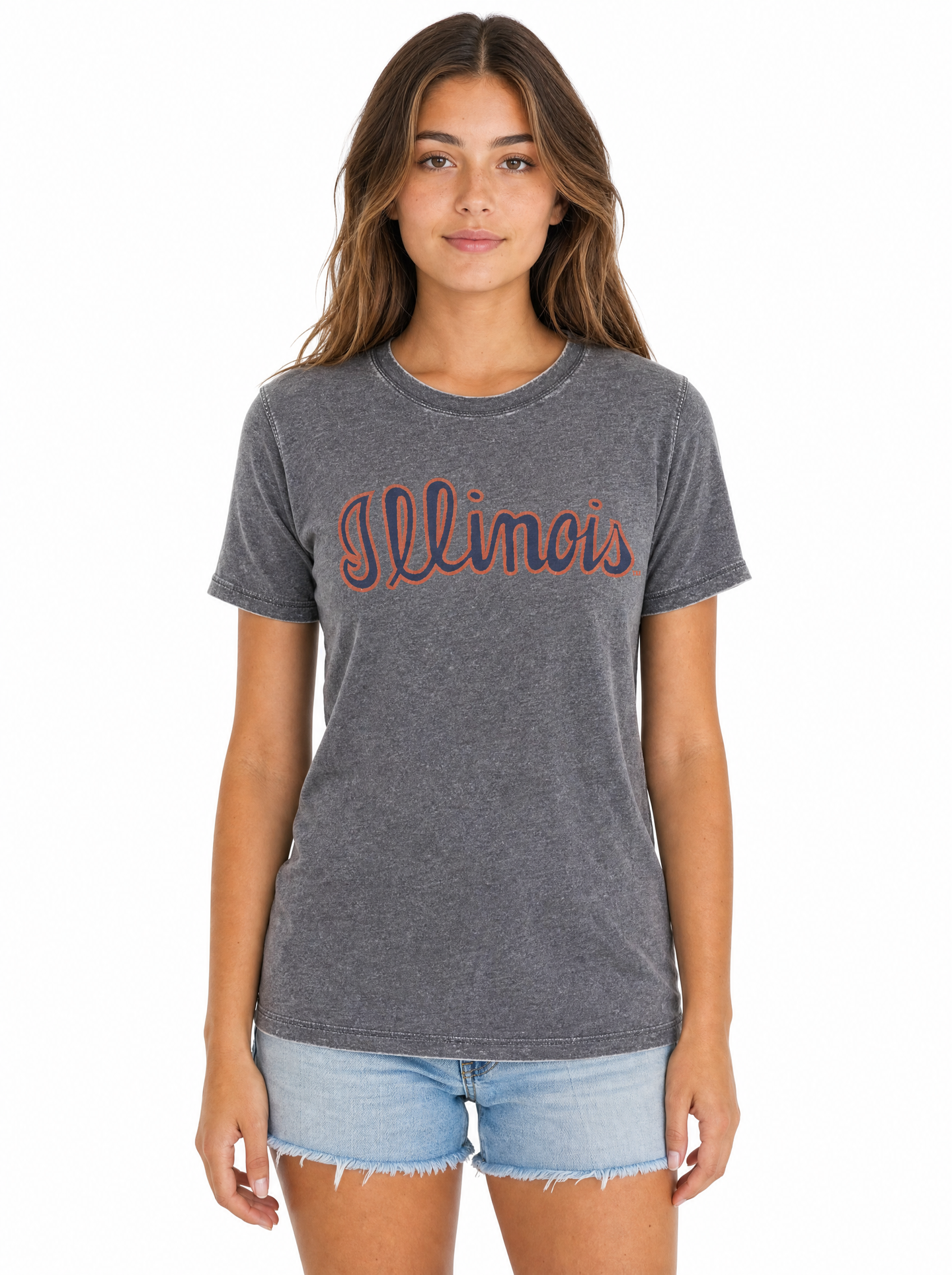 Illinois Fighting Illini Women's | Grey "Illinois Script" Acid Wash Tee