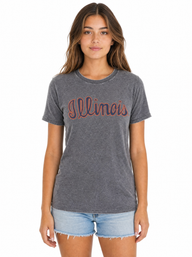Illinois Fighting Illini Women's | Grey "Illinois Script" Acid Wash Tee