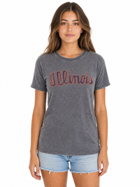 Illinois Fighting Illini Women's | Grey "Illinois Script" Acid Wash Tee