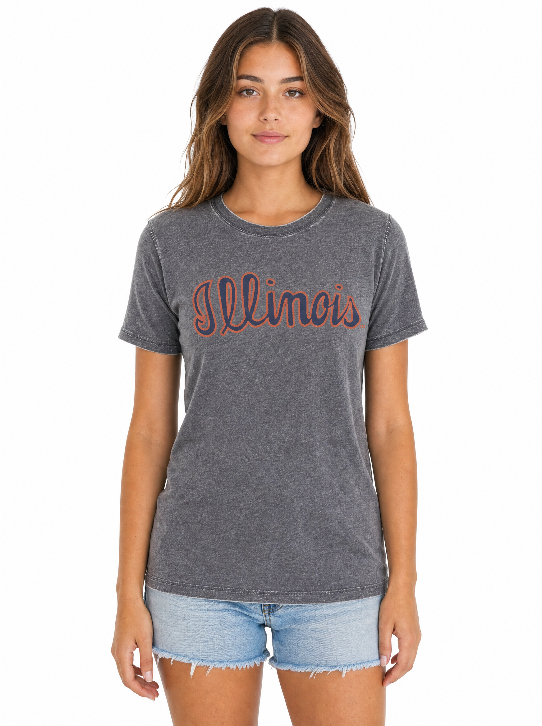 Illinois Fighting Illini Women's | Grey "Illinois Script" Acid Wash Tee